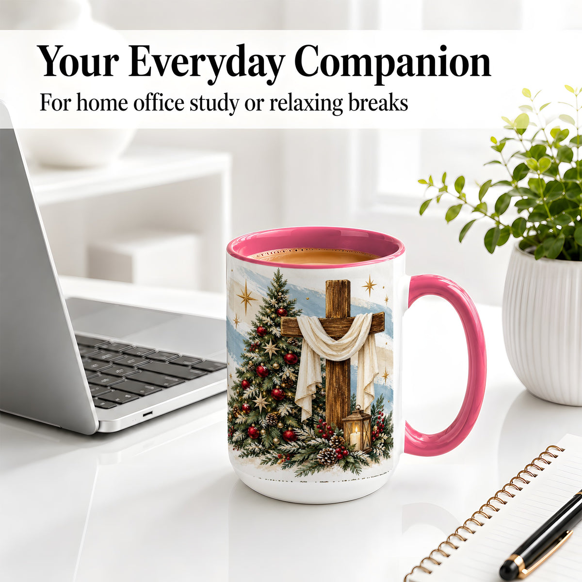 #pl[15oz|Pink] Christian Christmas Cross Accent Mug, Ceramic Coffee Cup