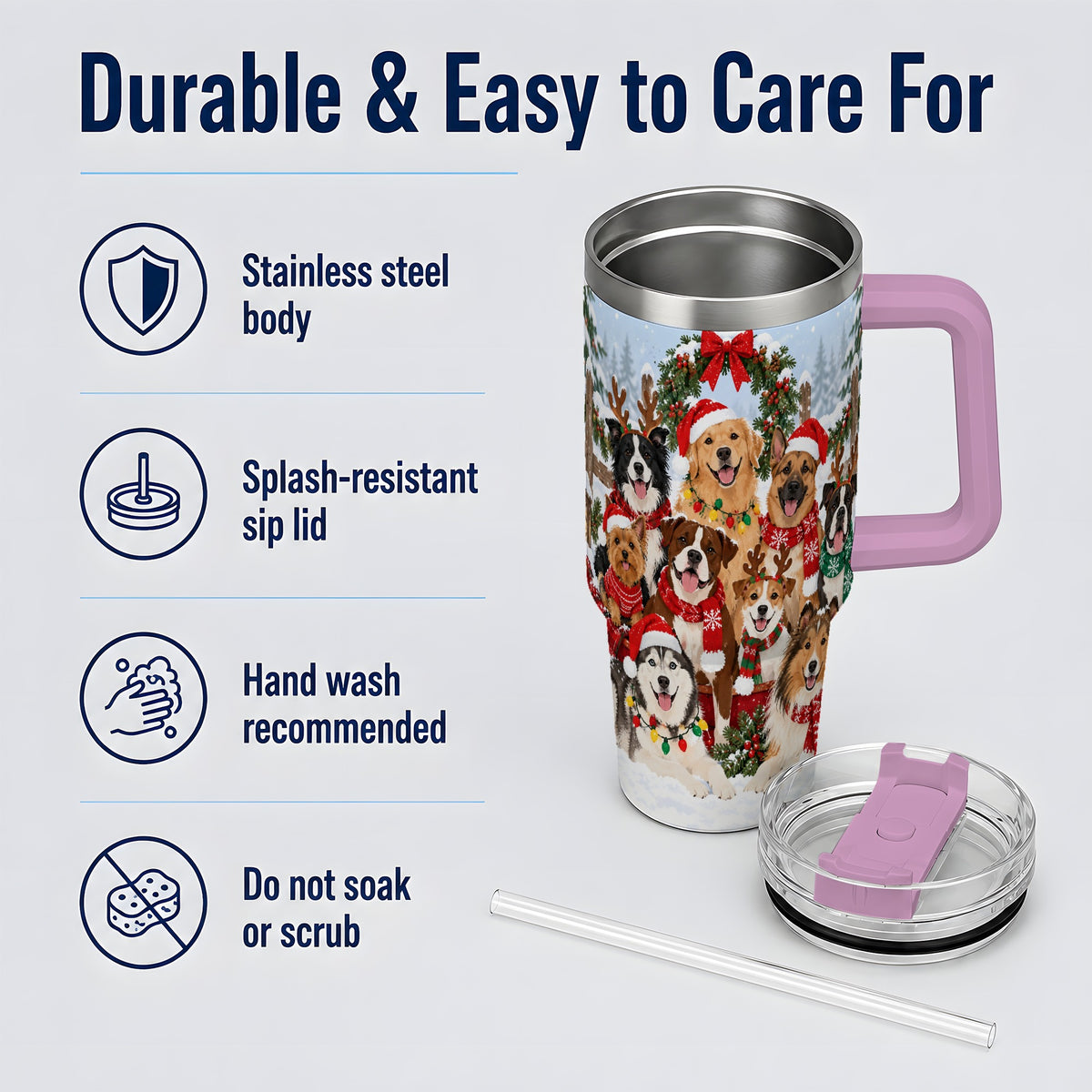 #pl[40oz|Pink] Christmas Dogs 40oz Tumbler, Snowy Winter Holiday Pet Drinkware