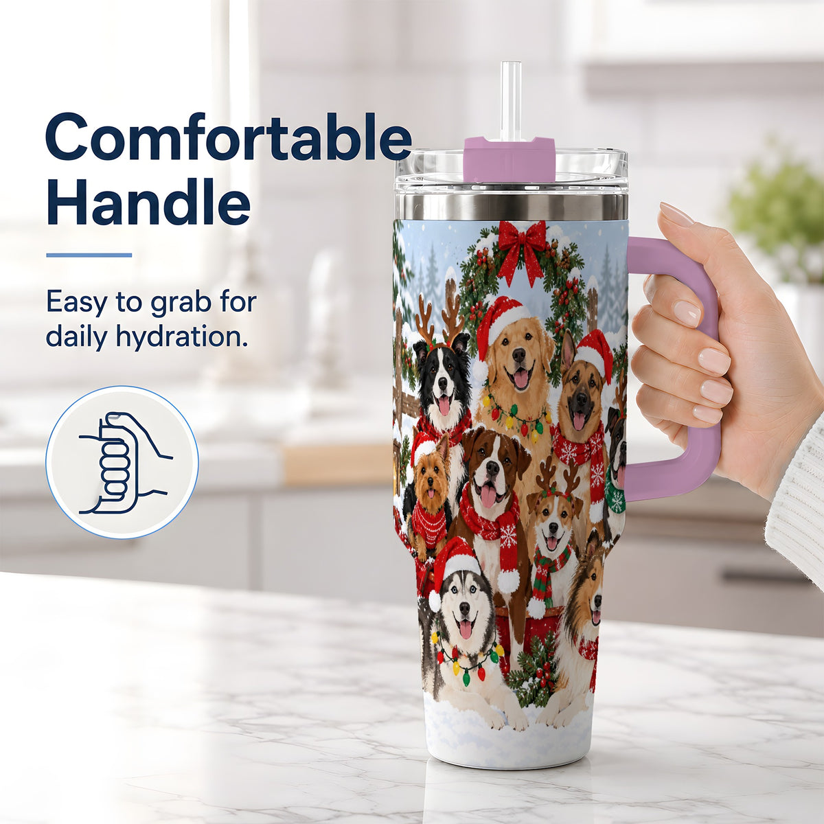 #pl[40oz|Pink] Christmas Dogs 40oz Tumbler, Snowy Winter Holiday Pet Drinkware