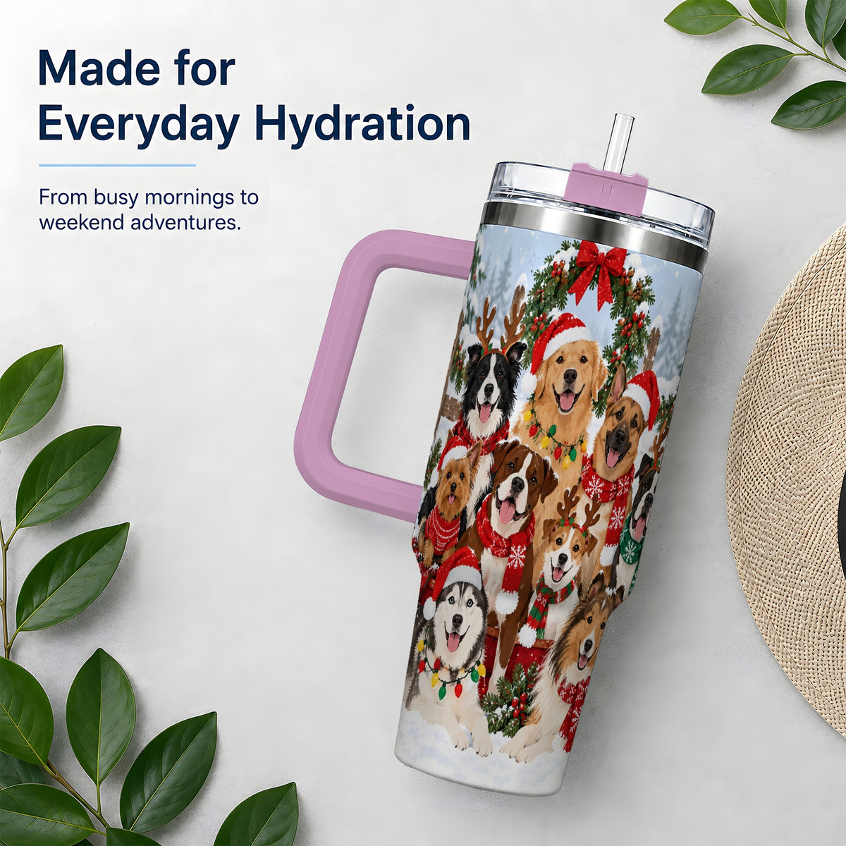 #pl[40oz|Pink] Christmas Dogs 40oz Tumbler, Snowy Winter Holiday Pet Drinkware