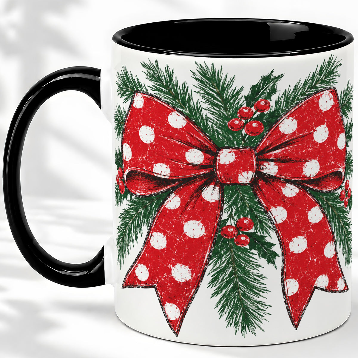 #pl[11oz|Black] Christmas Bow Accent Mug, Ceramic Coffee Cup with Pine Artwork