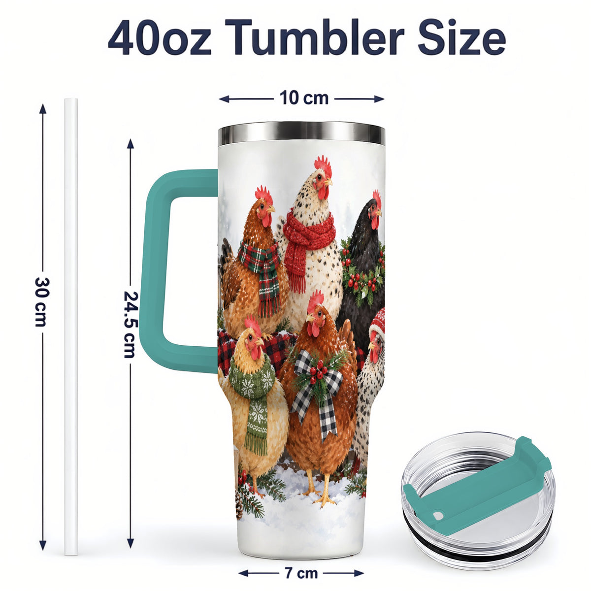 #pl[40oz|Green] Christmas Chickens 40oz Tumbler, Snowy Farmhouse Holiday Artwork