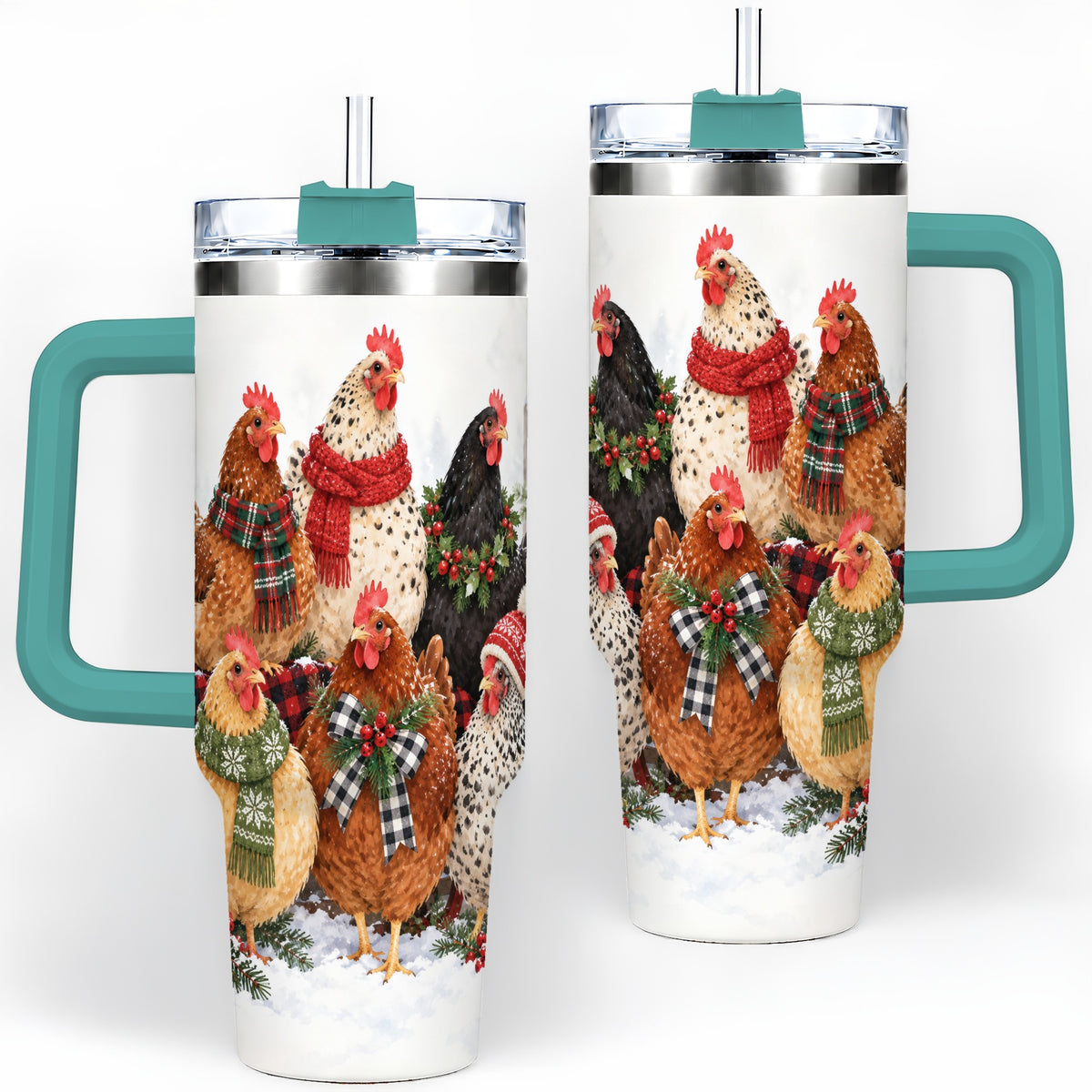 #pl[40oz|Green] Christmas Chickens 40oz Tumbler, Snowy Farmhouse Holiday Artwork