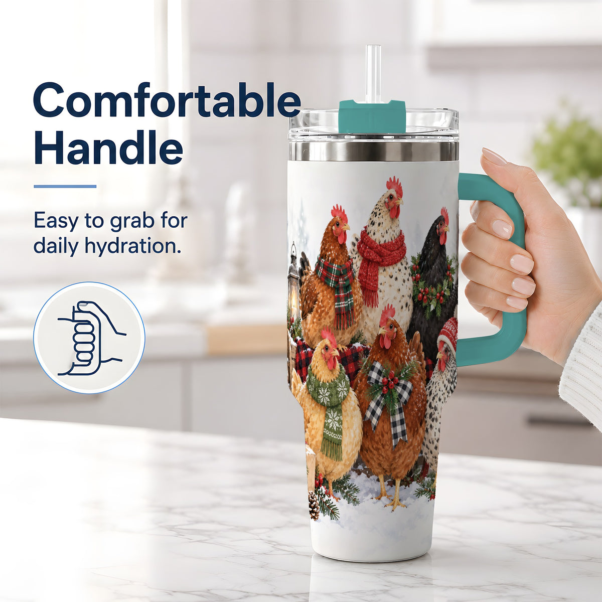 #pl[40oz|Green] Christmas Chickens 40oz Tumbler, Snowy Farmhouse Holiday Artwork