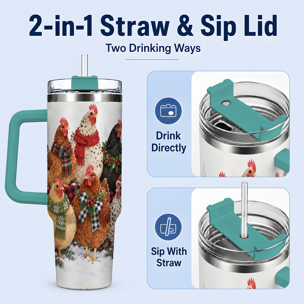 #pl[40oz|Green] Christmas Chickens 40oz Tumbler, Snowy Farmhouse Holiday Artwork