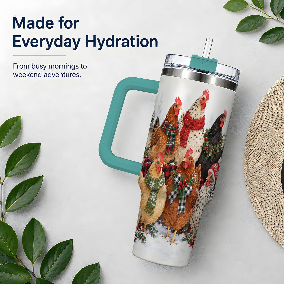 #pl[40oz|Green] Christmas Chickens 40oz Tumbler, Snowy Farmhouse Holiday Artwork