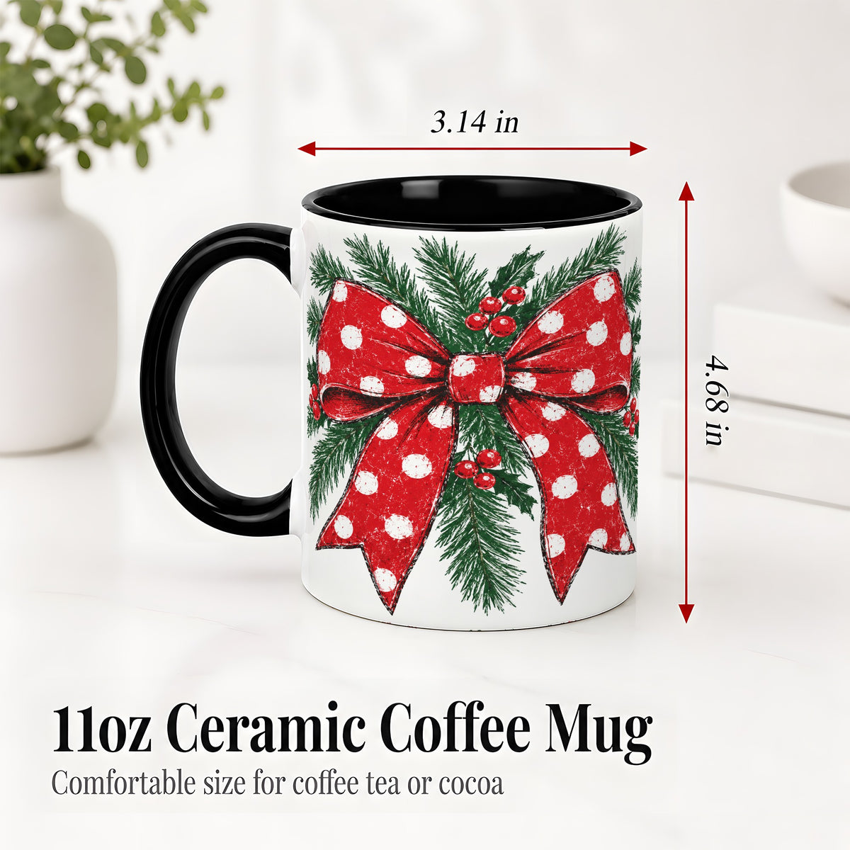 #pl[11oz|Black] Christmas Bow Accent Mug, Ceramic Coffee Cup with Pine Artwork