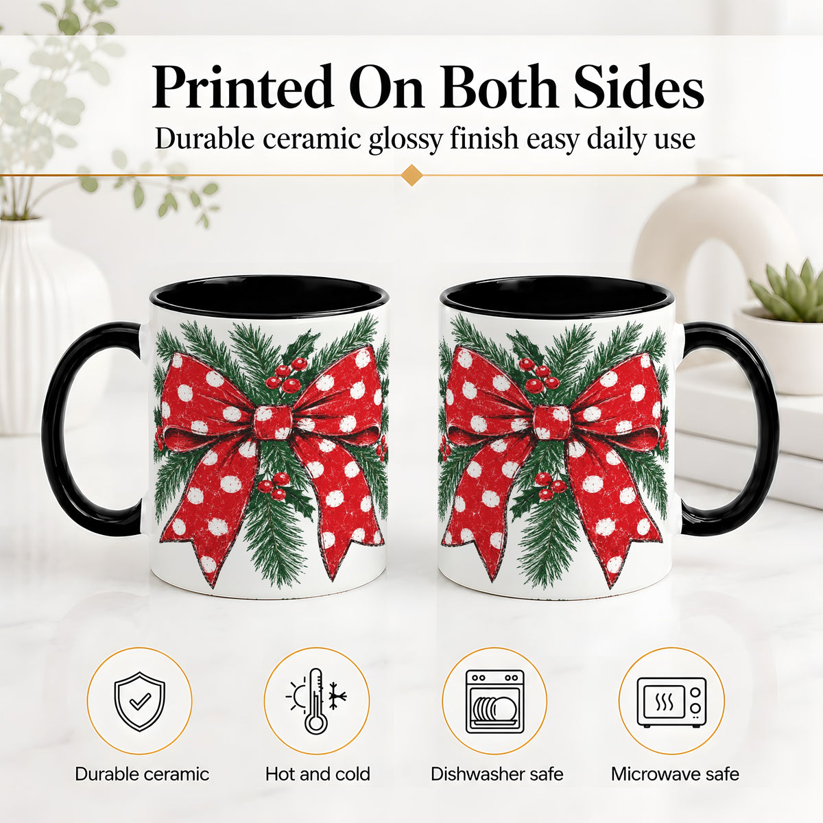 #pl[11oz|Black] Christmas Bow Accent Mug, Ceramic Coffee Cup with Pine Artwork