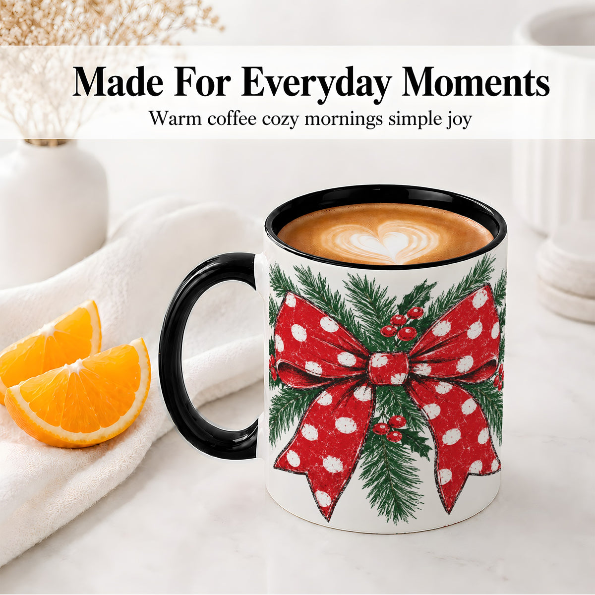 #pl[11oz|Black] Christmas Bow Accent Mug, Ceramic Coffee Cup with Pine Artwork