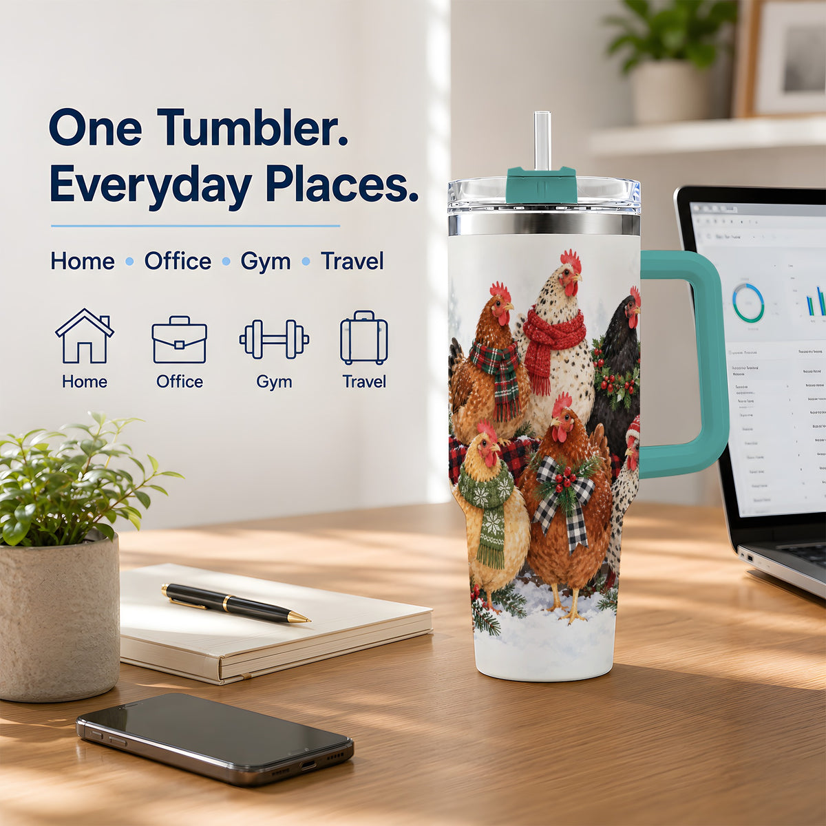 #pl[40oz|Green] Christmas Chickens 40oz Tumbler, Snowy Farmhouse Holiday Artwork