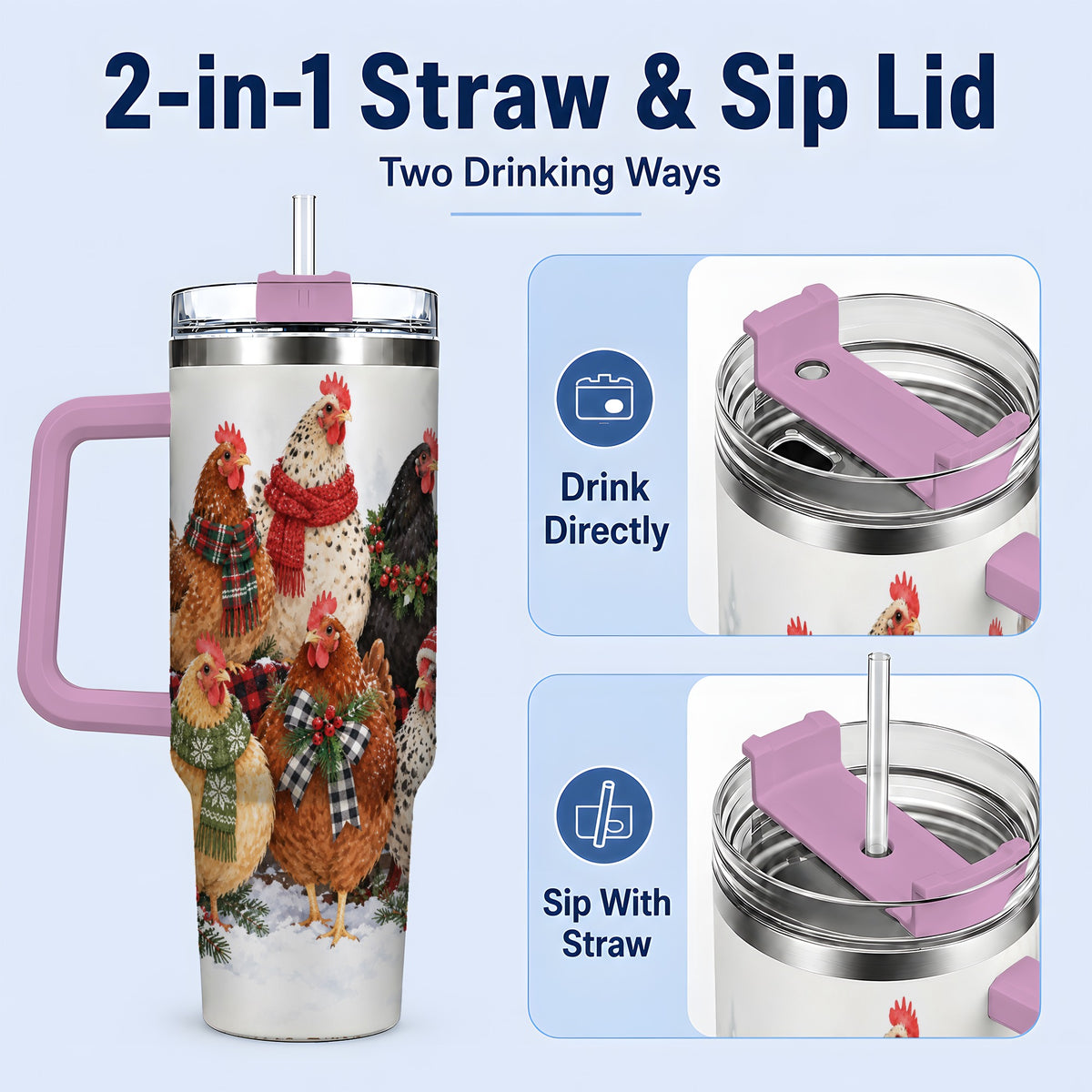 #pl[40oz|Pink] Christmas Chickens 40oz Tumbler, Snowy Farmhouse Holiday Artwork