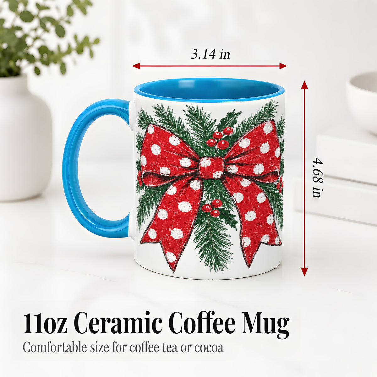 #pl[11oz|Blue] Christmas Bow Accent Mug, Ceramic Coffee Cup with Pine Artwork