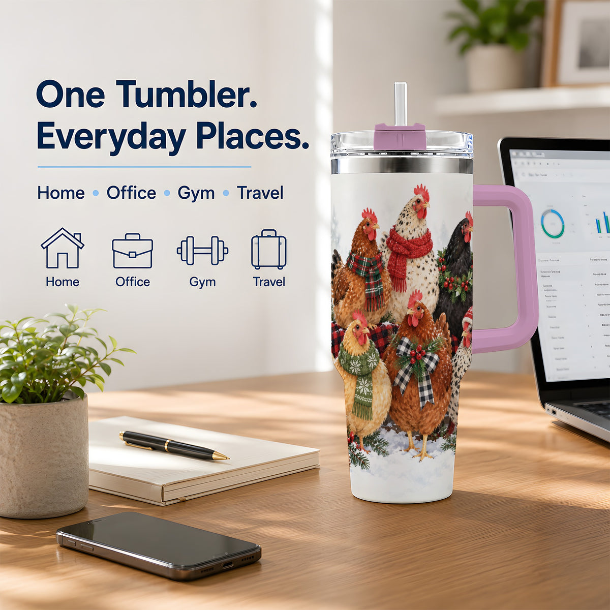 #pl[40oz|Pink] Christmas Chickens 40oz Tumbler, Snowy Farmhouse Holiday Artwork