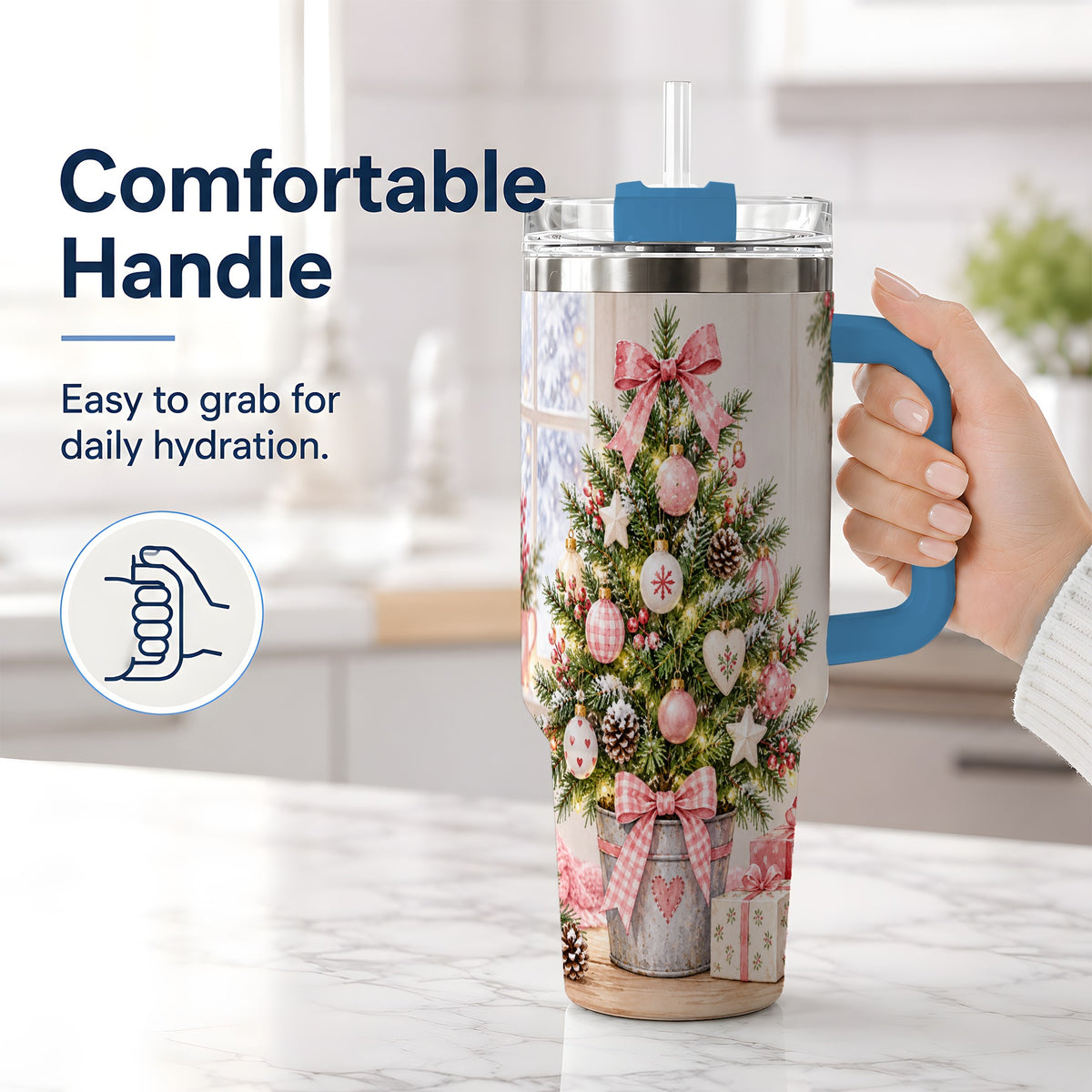 #pl[40oz|Blue] Pink Christmas Tree 40oz Tumbler, Cottage Holiday Ornament Drinkware