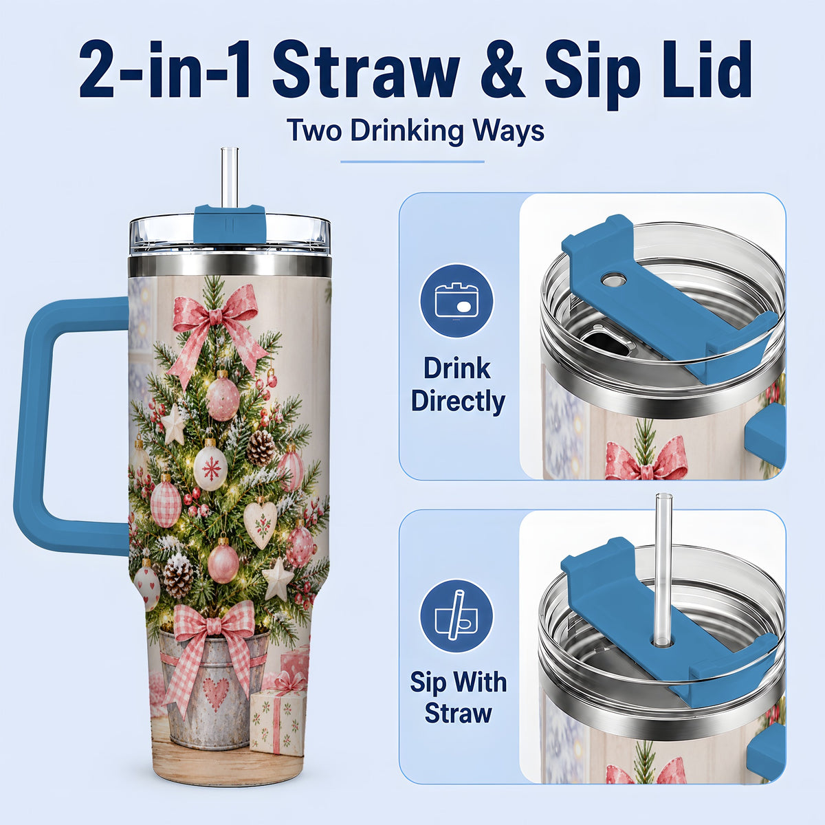 #pl[40oz|Blue] Pink Christmas Tree 40oz Tumbler, Cottage Holiday Ornament Drinkware