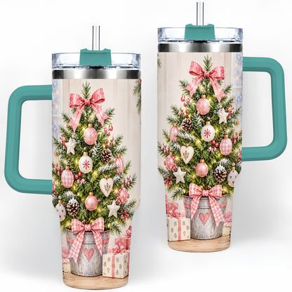 #pl[40oz|Green] Pink Christmas Tree 40oz Tumbler, Cottage Holiday Ornament Drinkware
