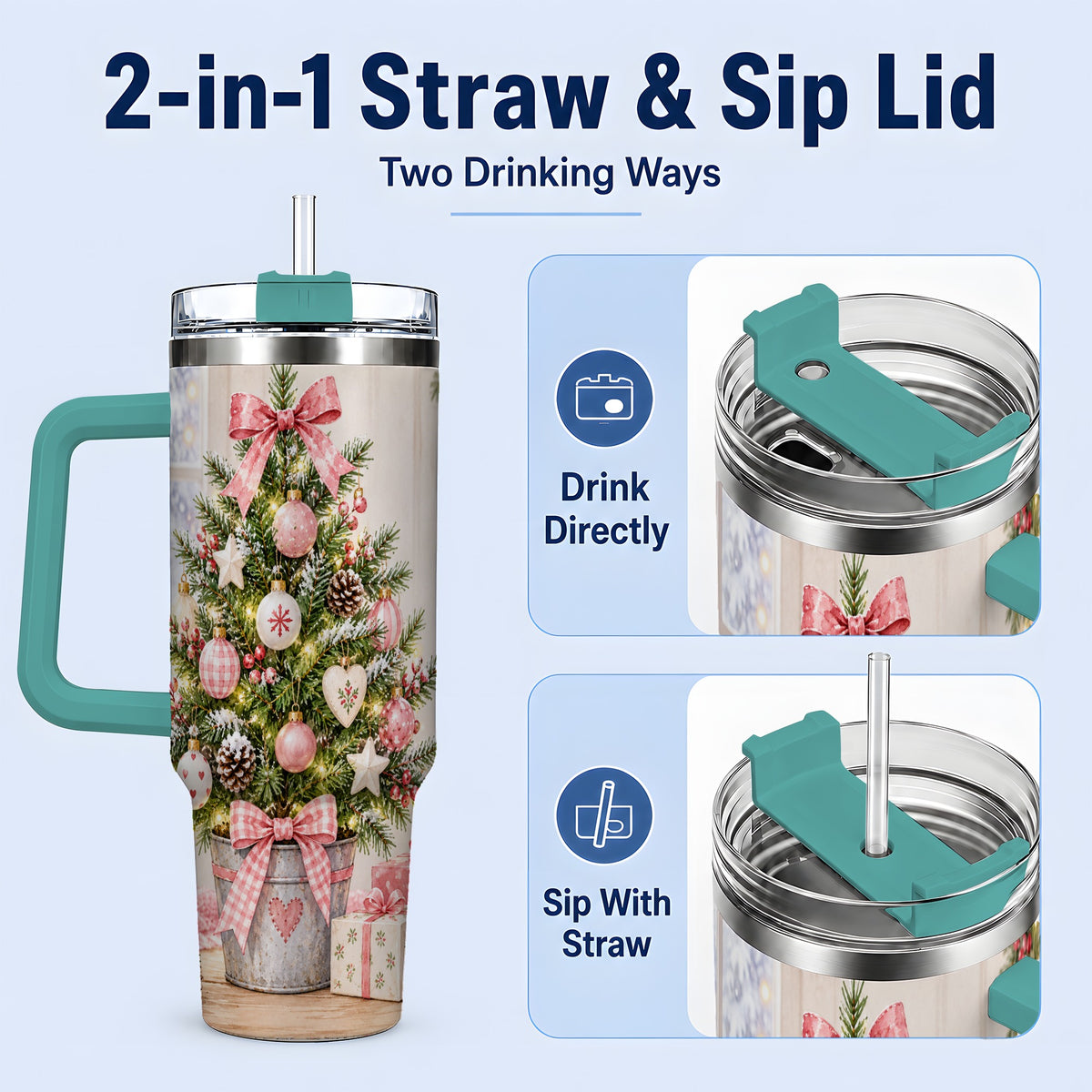 #pl[40oz|Green] Pink Christmas Tree 40oz Tumbler, Cottage Holiday Ornament Drinkware
