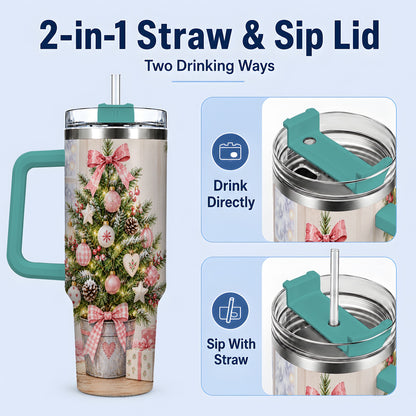 #pl[40oz|Green] Pink Christmas Tree 40oz Tumbler, Cottage Holiday Ornament Drinkware