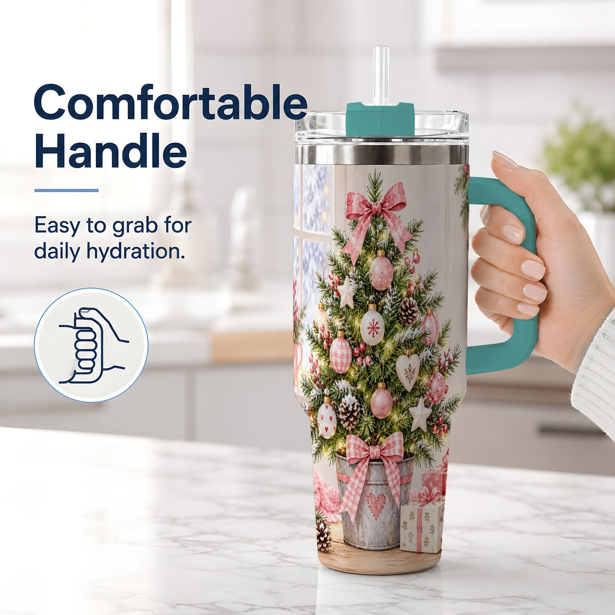 #pl[40oz|Green] Pink Christmas Tree 40oz Tumbler, Cottage Holiday Ornament Drinkware