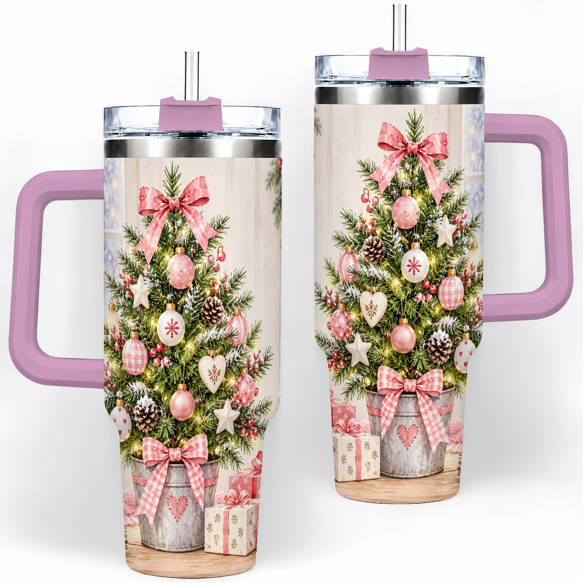 #pl[40oz|Pink] Pink Christmas Tree 40oz Tumbler, Cottage Holiday Ornament Drinkware