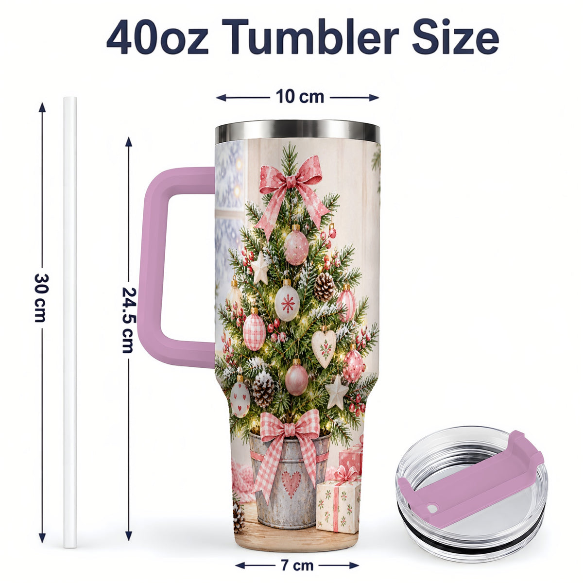 #pl[40oz|Pink] Pink Christmas Tree 40oz Tumbler, Cottage Holiday Ornament Drinkware
