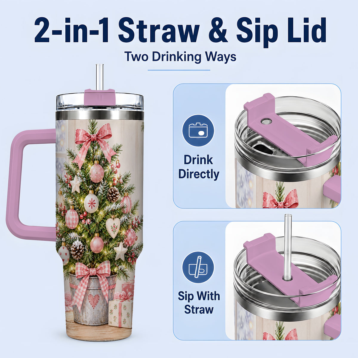 #pl[40oz|Pink] Pink Christmas Tree 40oz Tumbler, Cottage Holiday Ornament Drinkware