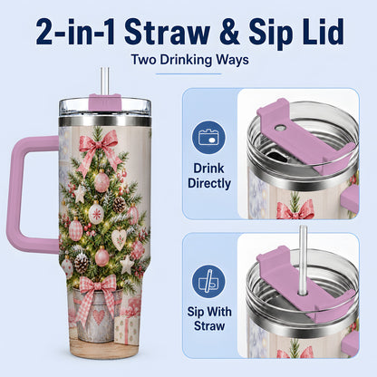 #pl[40oz|Pink] Pink Christmas Tree 40oz Tumbler, Cottage Holiday Ornament Drinkware