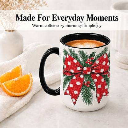 #pl[15oz|Black] Christmas Bow Accent Mug, Ceramic Coffee Cup with Pine Artwork