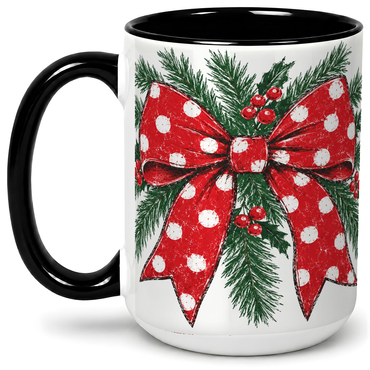 #pl[15oz|Black] Christmas Bow Accent Mug, Ceramic Coffee Cup with Pine Artwork