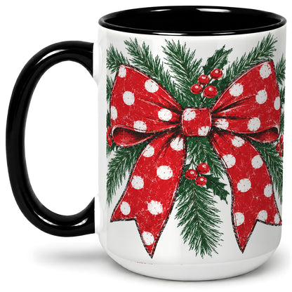 #pl[15oz|Black] Christmas Bow Accent Mug, Ceramic Coffee Cup with Pine Artwork