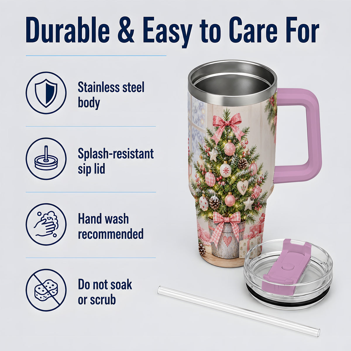 #pl[40oz|Pink] Pink Christmas Tree 40oz Tumbler, Cottage Holiday Ornament Drinkware
