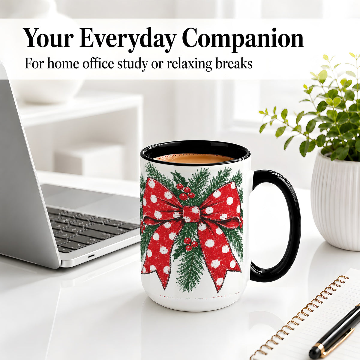 #pl[15oz|Black] Christmas Bow Accent Mug, Ceramic Coffee Cup with Pine Artwork
