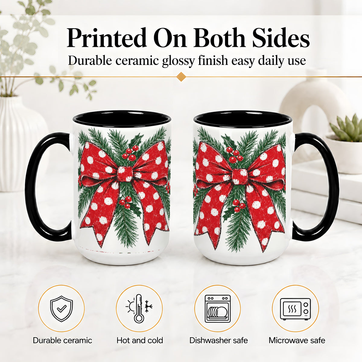 #pl[15oz|Black] Christmas Bow Accent Mug, Ceramic Coffee Cup with Pine Artwork