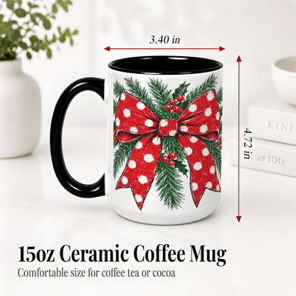 #pl[15oz|Black] Christmas Bow Accent Mug, Ceramic Coffee Cup with Pine Artwork