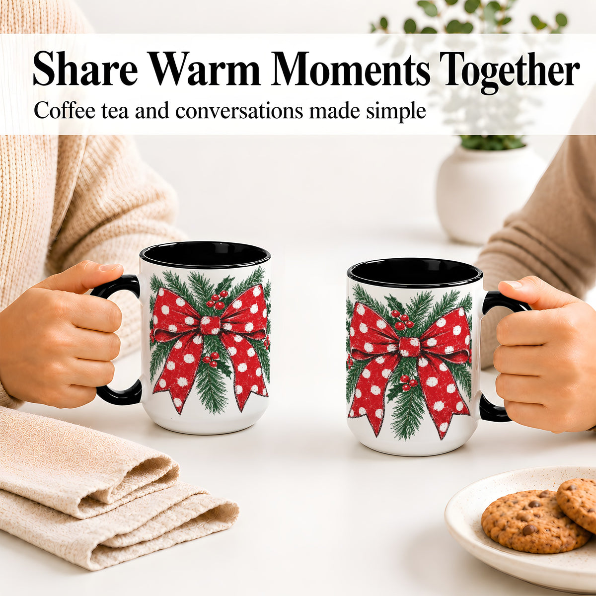 #pl[15oz|Black] Christmas Bow Accent Mug, Ceramic Coffee Cup with Pine Artwork