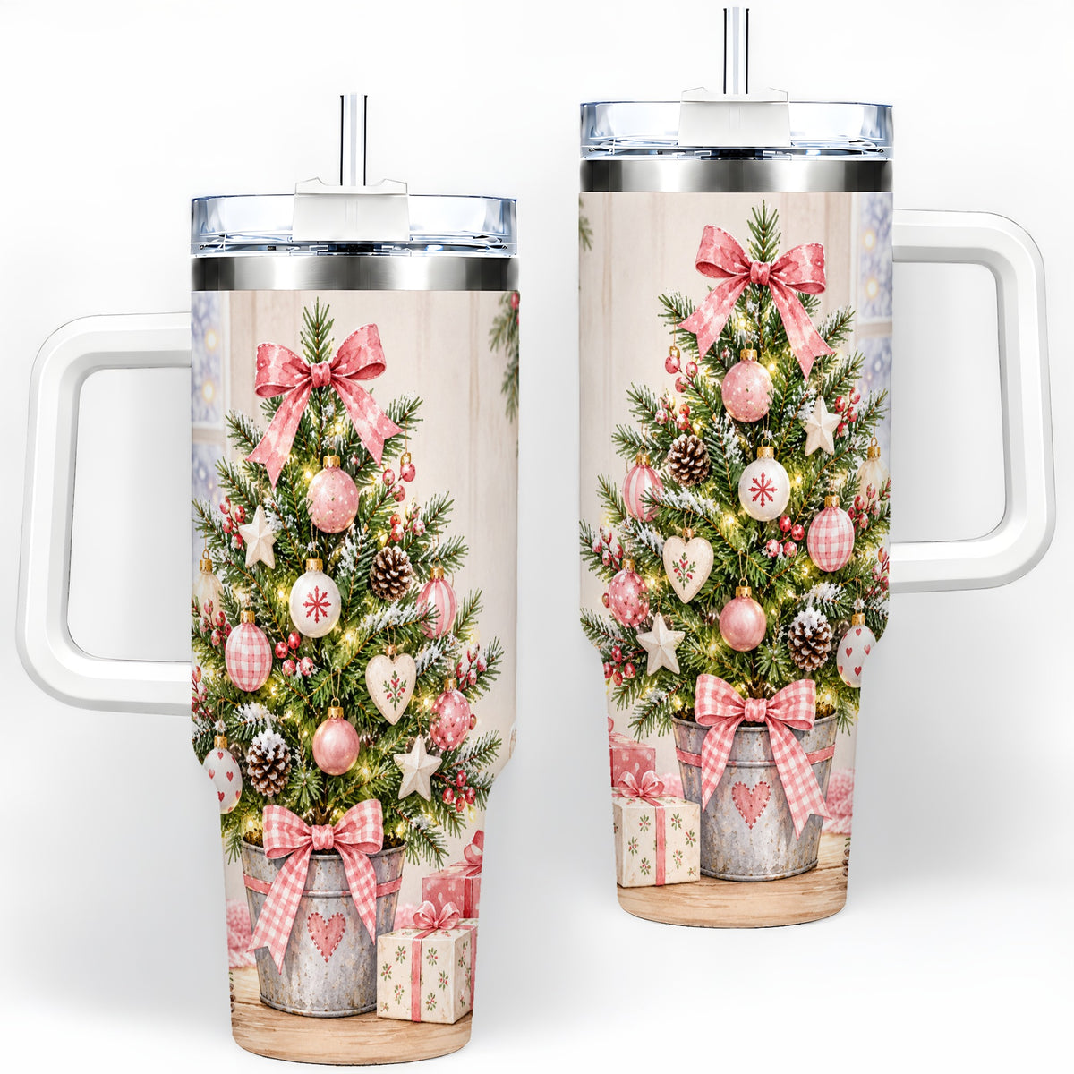 Pink Christmas Tree 40oz Tumbler, Cottage Holiday Ornament Drinkware