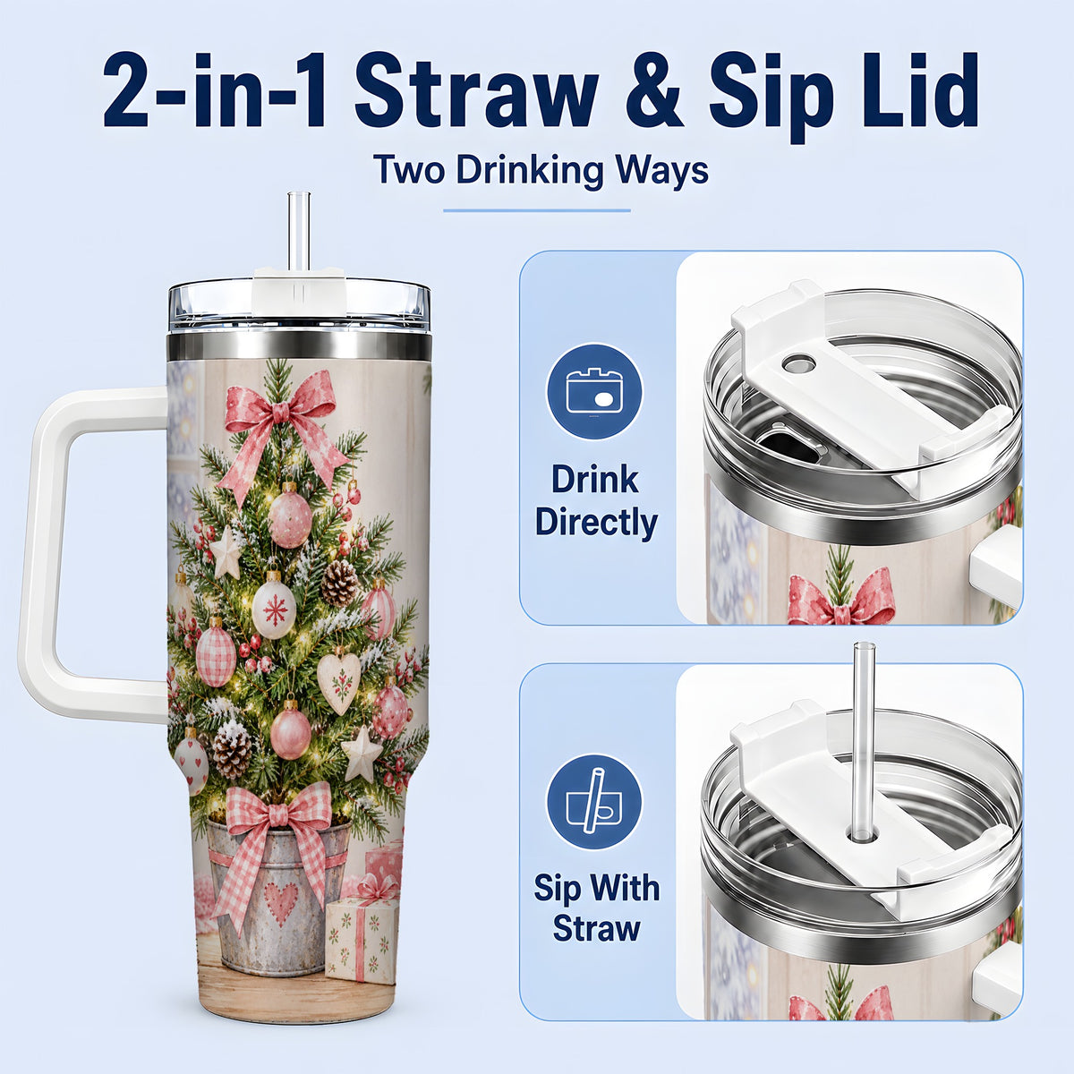 #pl[40oz|White] Pink Christmas Tree 40oz Tumbler, Cottage Holiday Ornament Drinkware