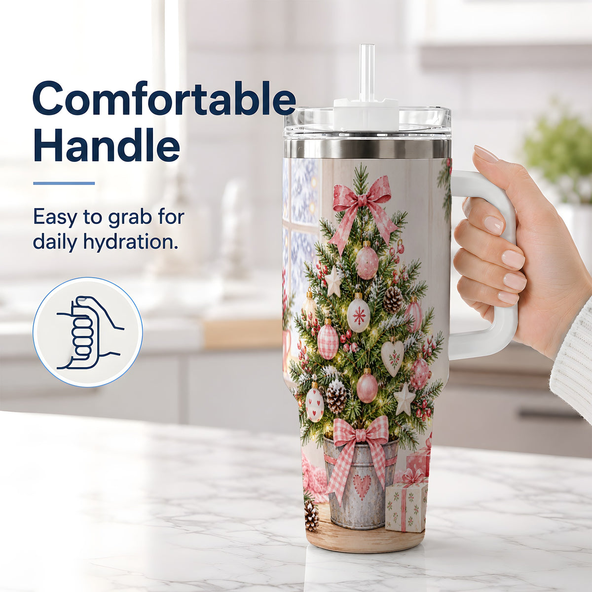 #pl[40oz|White] Pink Christmas Tree 40oz Tumbler, Cottage Holiday Ornament Drinkware