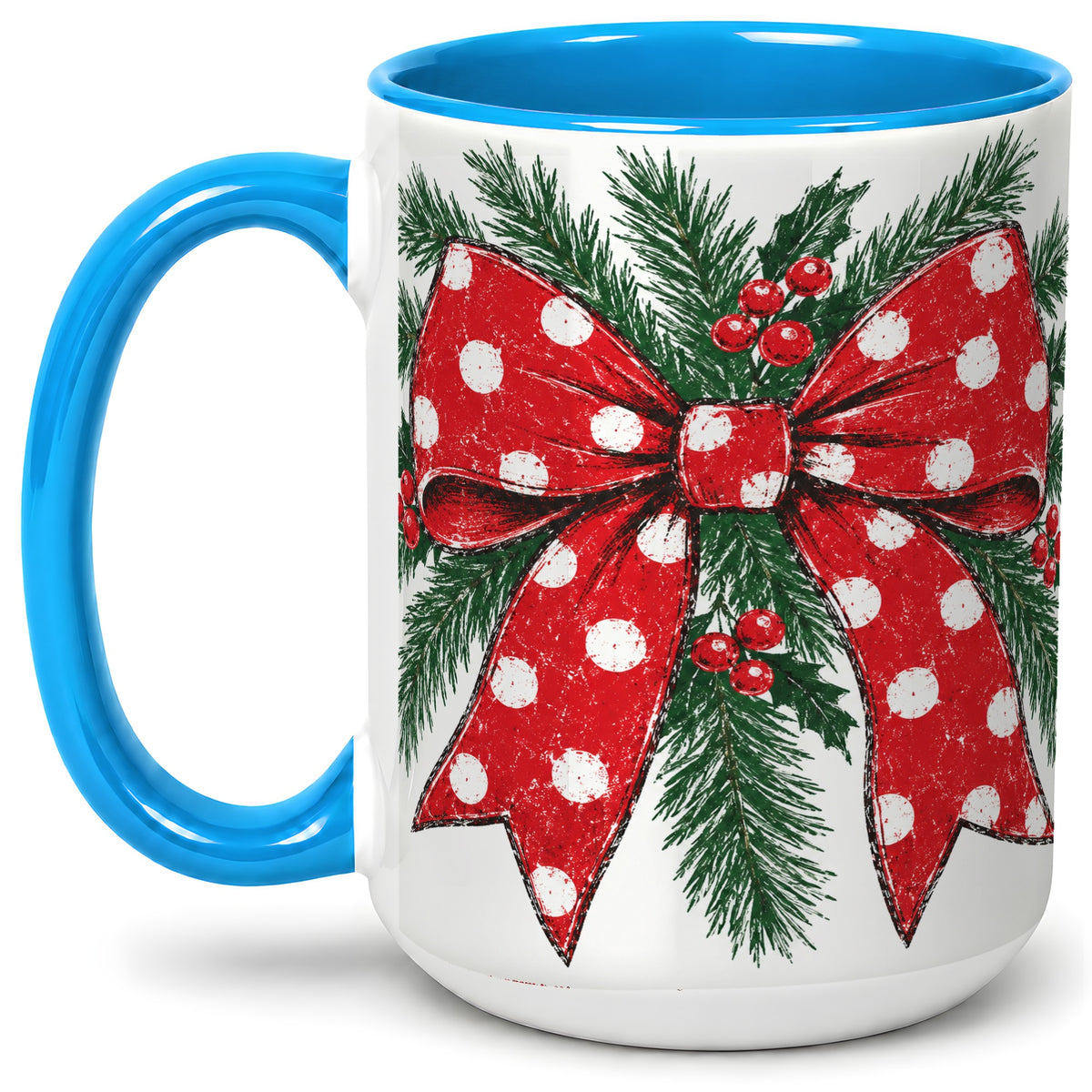 #pl[15oz|Blue] Christmas Bow Accent Mug, Ceramic Coffee Cup with Pine Artwork