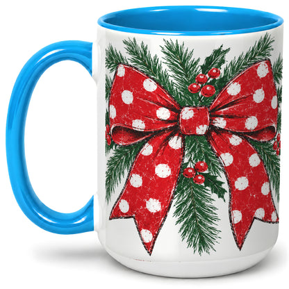 #pl[15oz|Blue] Christmas Bow Accent Mug, Ceramic Coffee Cup with Pine Artwork