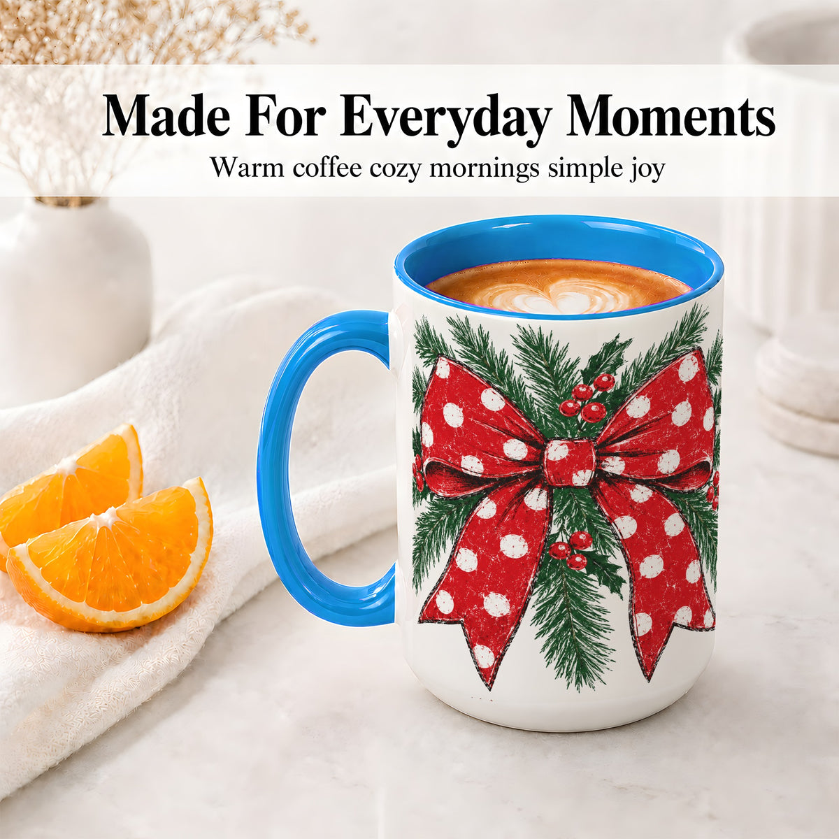 #pl[15oz|Blue] Christmas Bow Accent Mug, Ceramic Coffee Cup with Pine Artwork