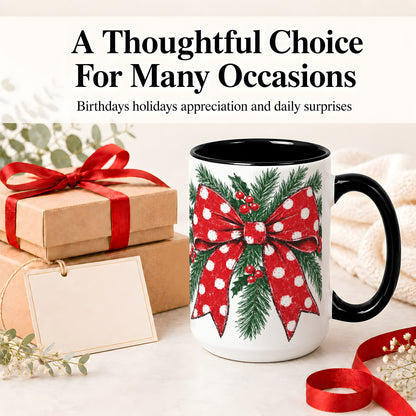 #pl[15oz|Black] Christmas Bow Accent Mug, Ceramic Coffee Cup with Pine Artwork