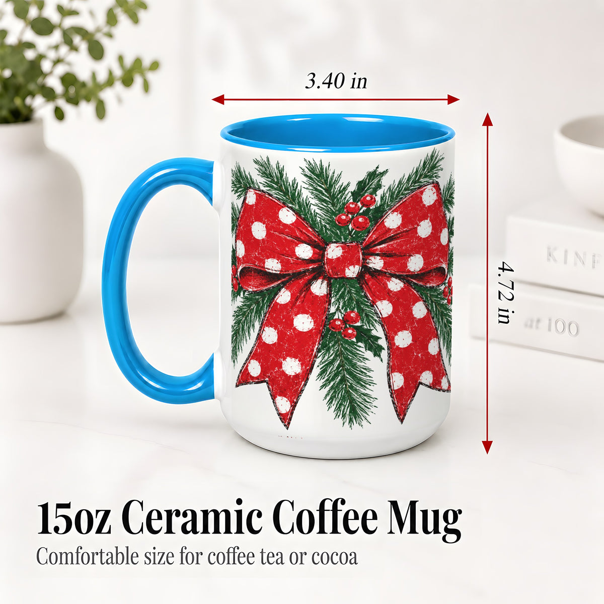 #pl[15oz|Blue] Christmas Bow Accent Mug, Ceramic Coffee Cup with Pine Artwork