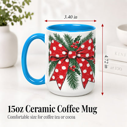 #pl[15oz|Blue] Christmas Bow Accent Mug, Ceramic Coffee Cup with Pine Artwork