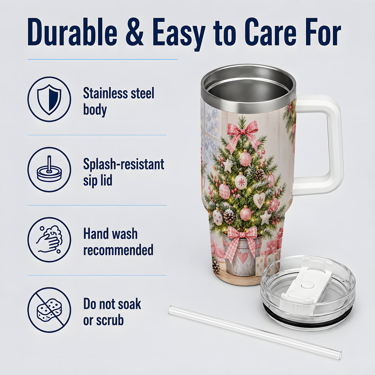 #pl[40oz|White] Pink Christmas Tree 40oz Tumbler, Cottage Holiday Ornament Drinkware