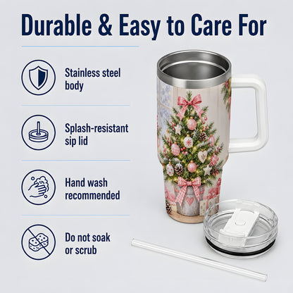 #pl[40oz|White] Pink Christmas Tree 40oz Tumbler, Cottage Holiday Ornament Drinkware