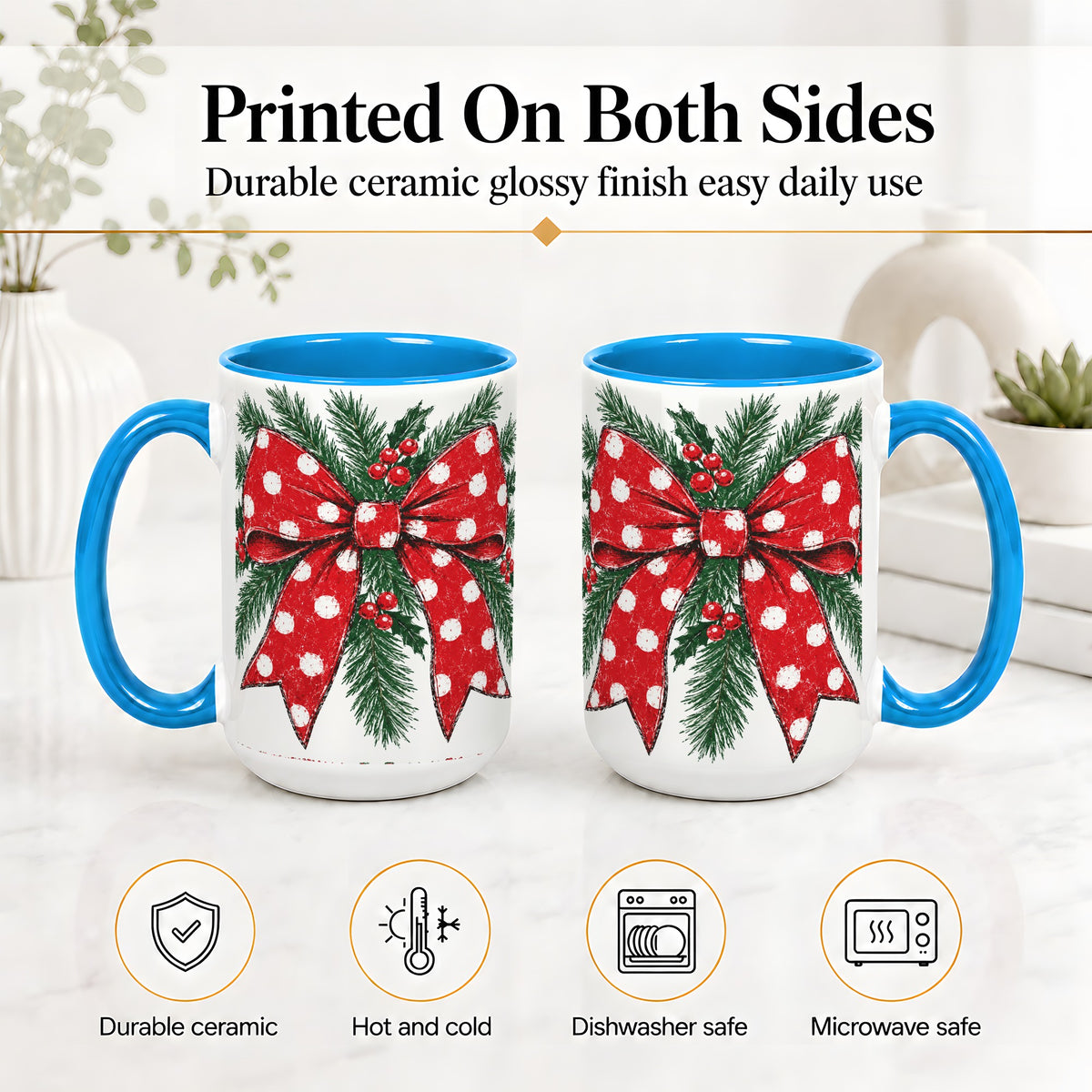 #pl[15oz|Blue] Christmas Bow Accent Mug, Ceramic Coffee Cup with Pine Artwork