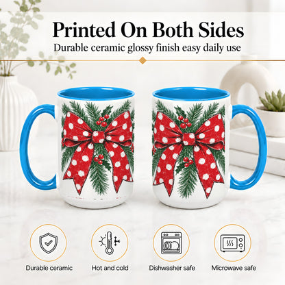 #pl[15oz|Blue] Christmas Bow Accent Mug, Ceramic Coffee Cup with Pine Artwork