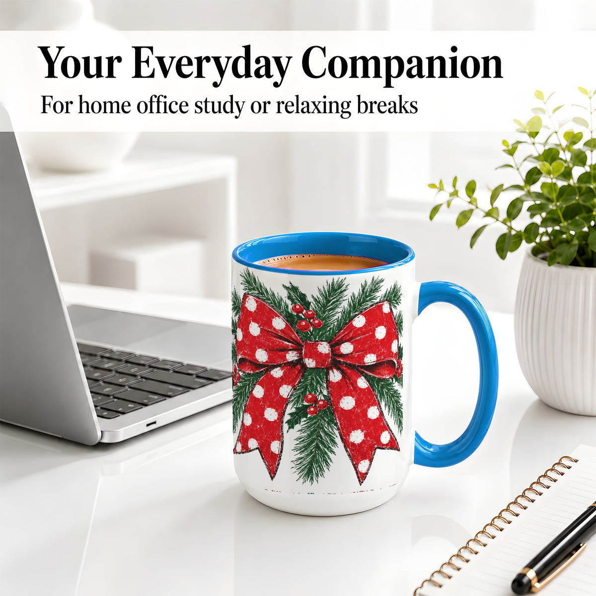 #pl[15oz|Blue] Christmas Bow Accent Mug, Ceramic Coffee Cup with Pine Artwork