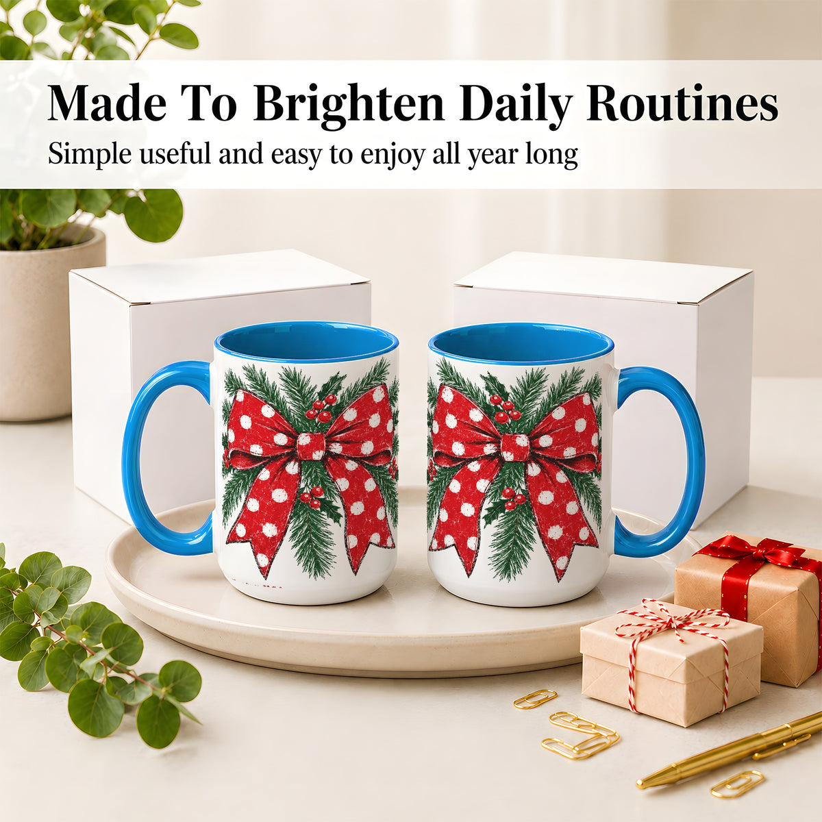 #pl[15oz|Blue] Christmas Bow Accent Mug, Ceramic Coffee Cup with Pine Artwork